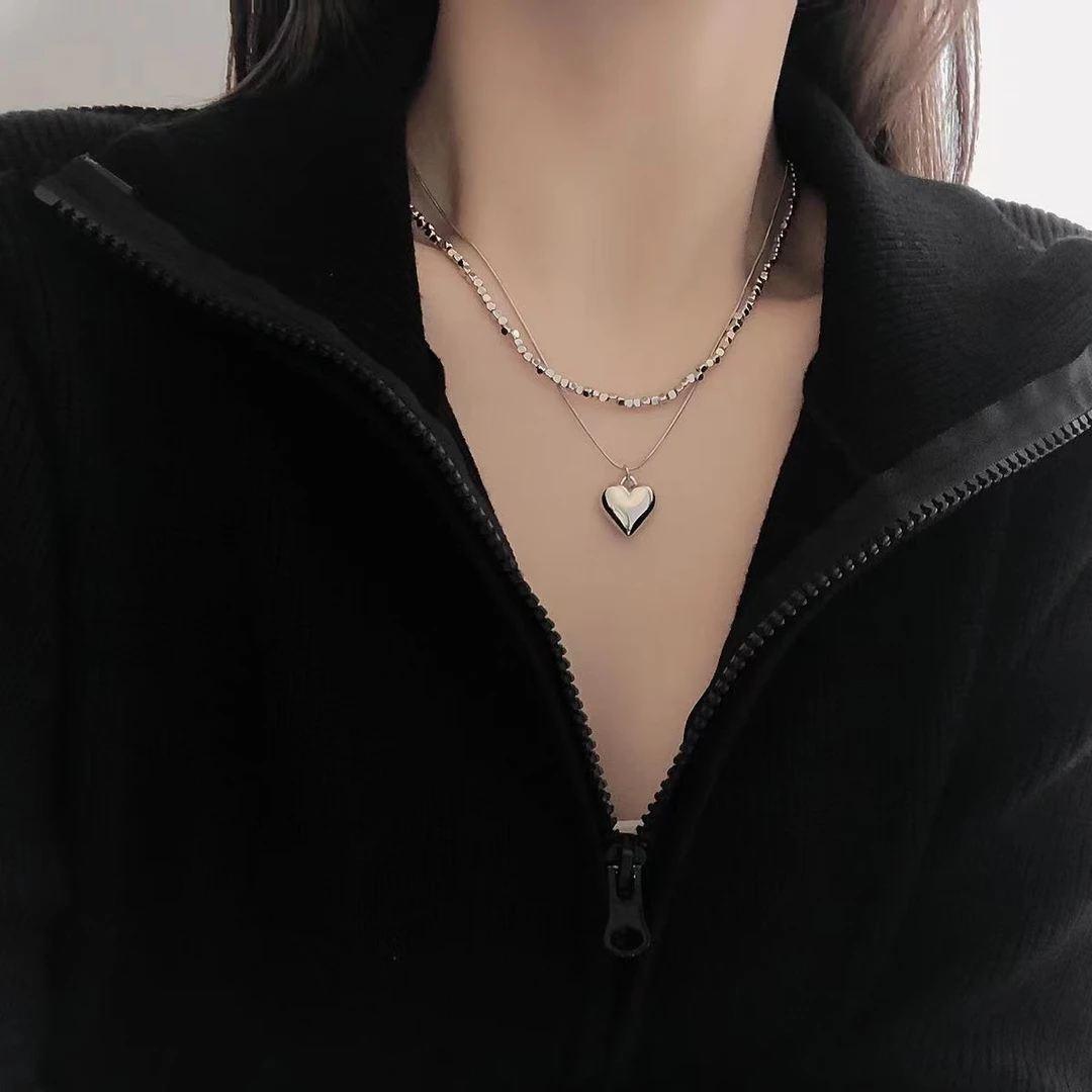X1596甜酷小众吊坠双层叠戴项链轻奢简约ins个性锁骨链桃心双层链
