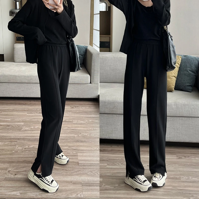 （窄版阔腿裤开叉）春秋季新品高腰显瘦宽松针织黑色垂感直筒裤女