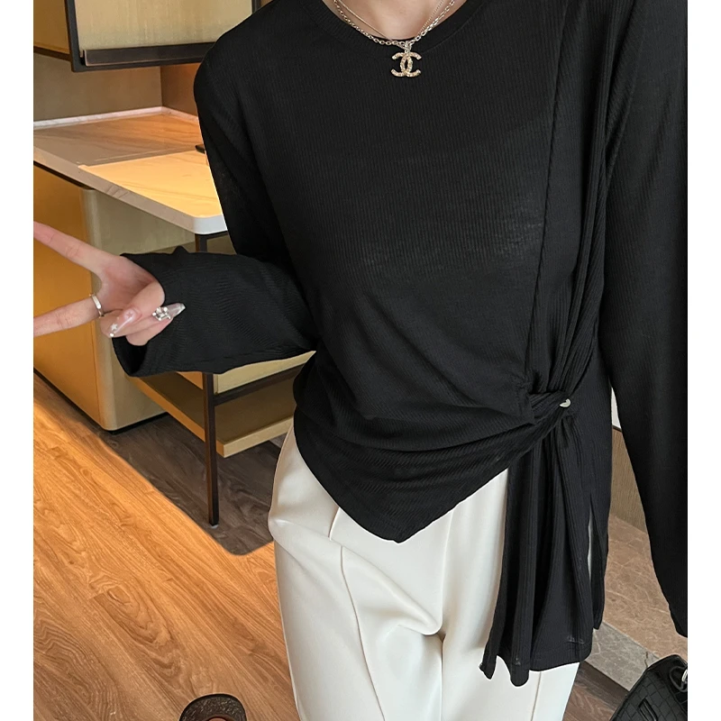 夏季简约百搭新款不规则设计感长袖t恤女显瘦休闲打底衫上衣女