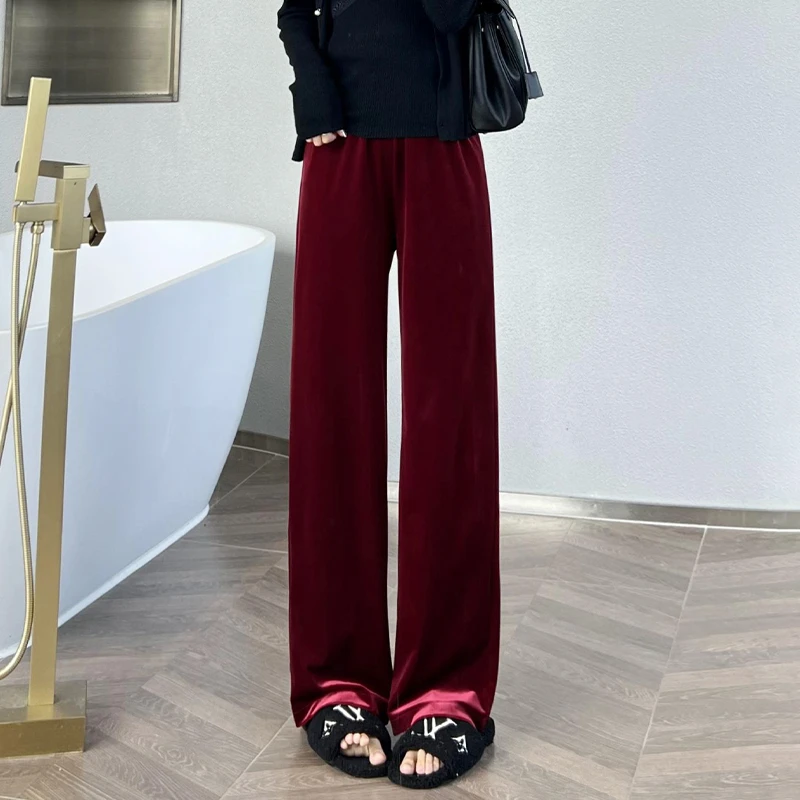 金丝绒阔腿裤秋季安克拉红高腰显瘦百搭休闲垂坠感直筒拖地裤女