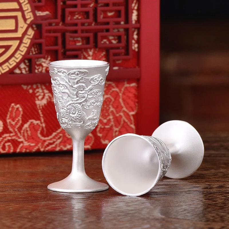 百福全 足银银制品 999纯银酒杯龙凤呈祥结婚对杯 新婚礼品送新人
