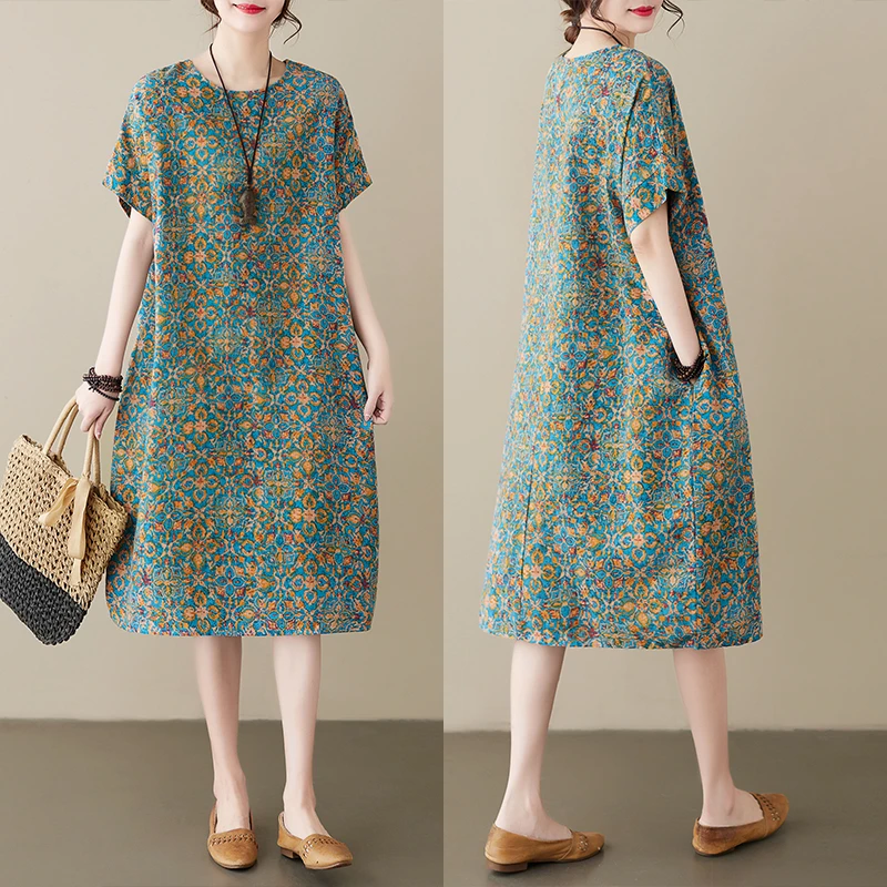 中长棉麻连衣裙女夏复古民族风长款大码胖MM遮肉气质碎花手工衣服