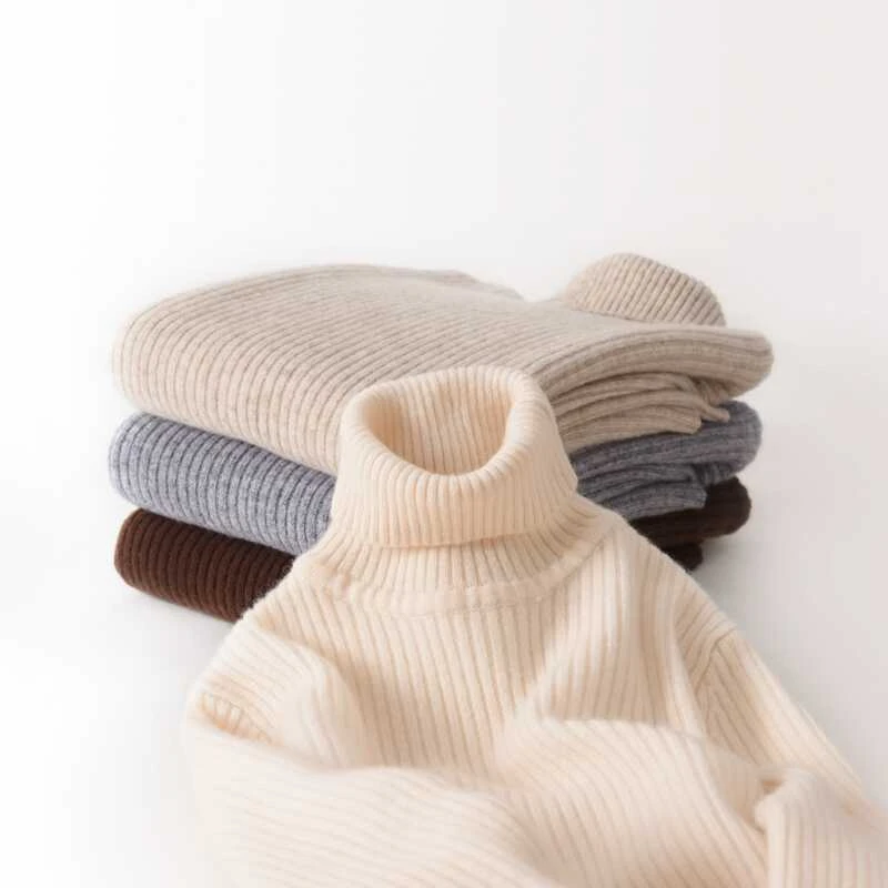 儿童100%羊毛男女童高翻领抽条毛衣绒毛衫纯色套头针织打底衫秋冬