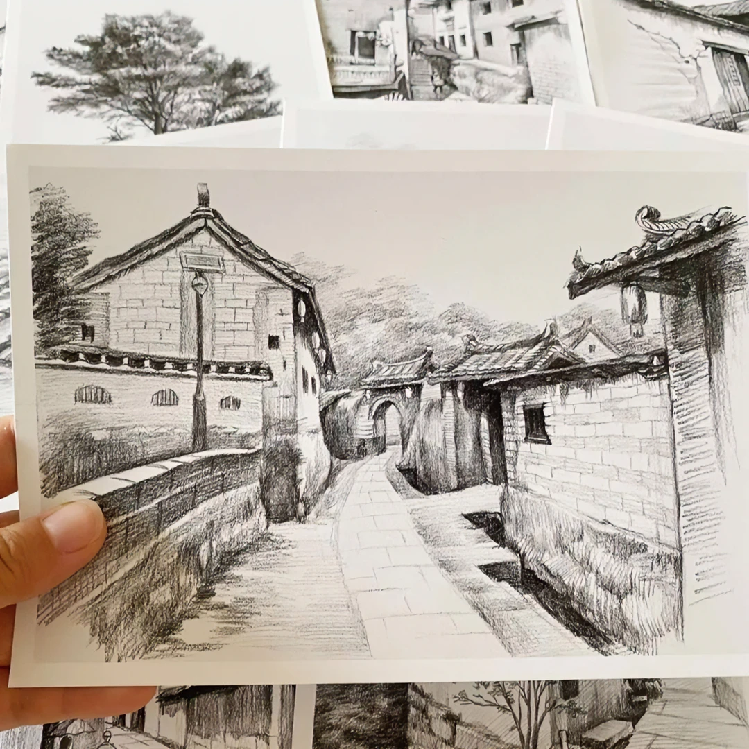 素描风景临摹卡带步骤创意美术明信片素描画稿