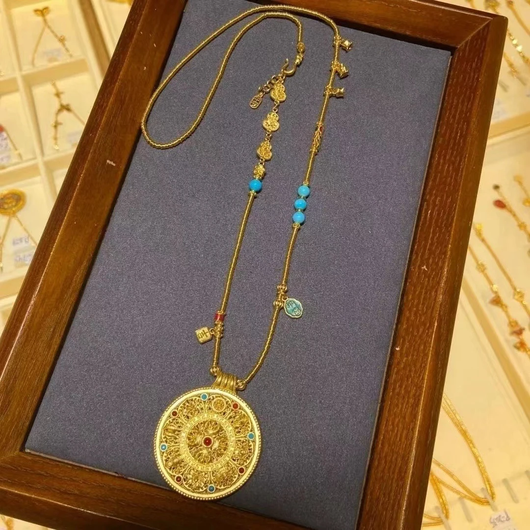 铜合金项链 中式烧蓝花丝八宝罗盘项链女手工编制多宝新款毛衣链