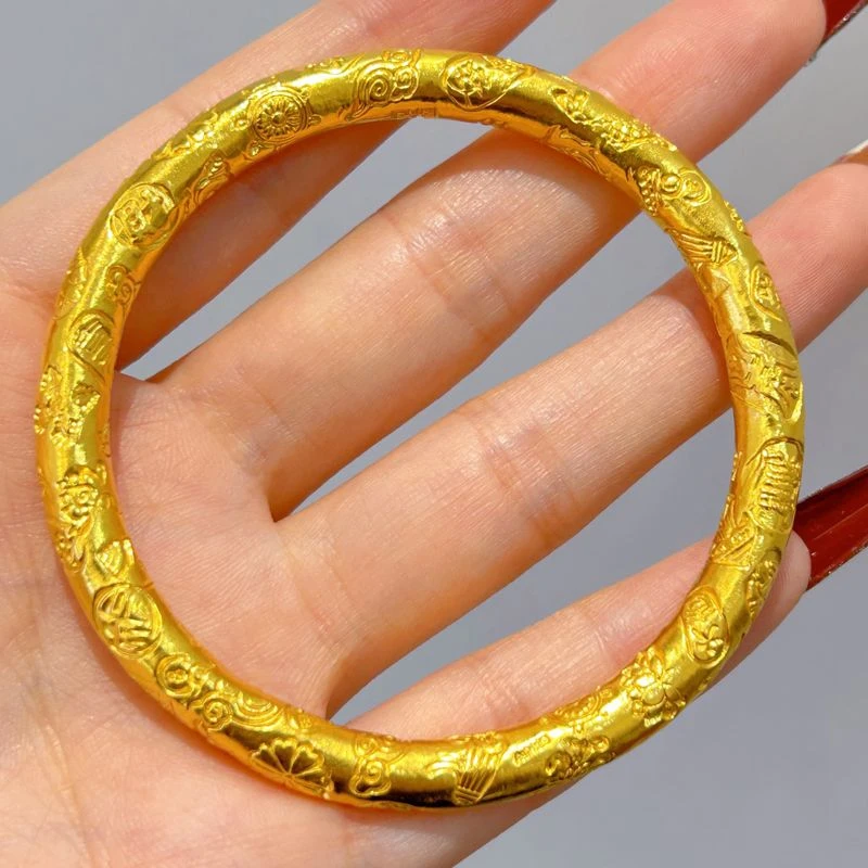 铜合金手镯 古法金色吉言手镯宽版女款实心闭口金黄色錾刻小众