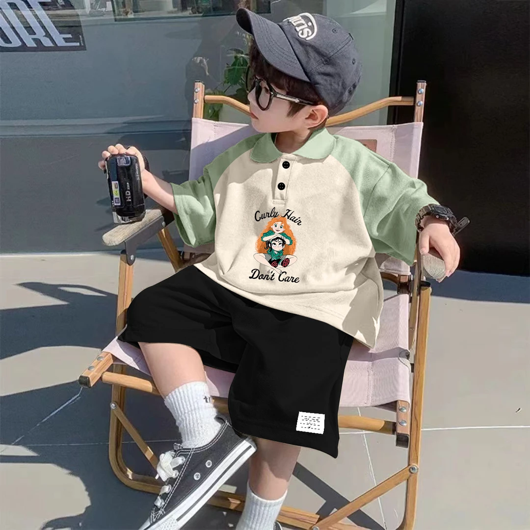 新款男童夏装套装儿童装洋气时尚撞色POLO衫套装短袖短裤俩件装新