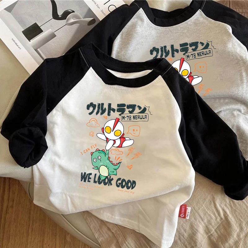 儿童白色t恤男童女童日系卡通奥特曼拼色长袖打底衫新款春秋T恤潮