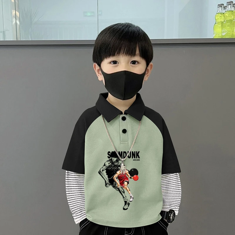 中大童8-15岁男polo衫春秋新款爆款男童拼接条纹假两件长袖T恤潮A