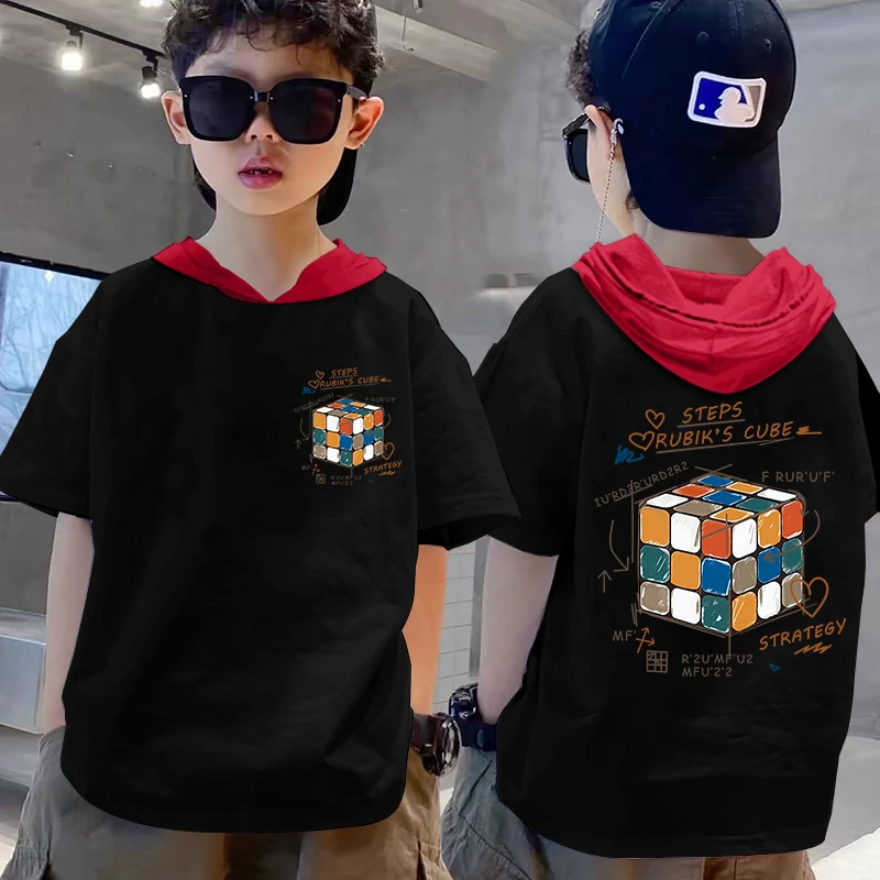 2024新品百搭男孩撞色连帽男童女童洋气短袖宽松中大童印花韩版