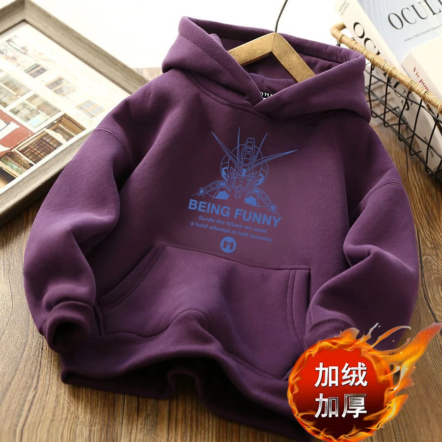 男童痞帅机器人印花帅气时髦连帽加绒加厚秋冬季男孩打底卫衣潮款