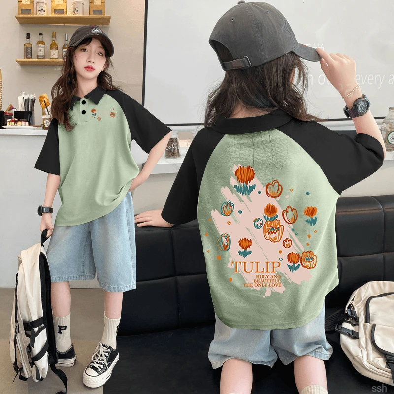 女童纯棉polo衫短袖T恤郁金香童装夏季新款中大童小女孩洋气上衣A