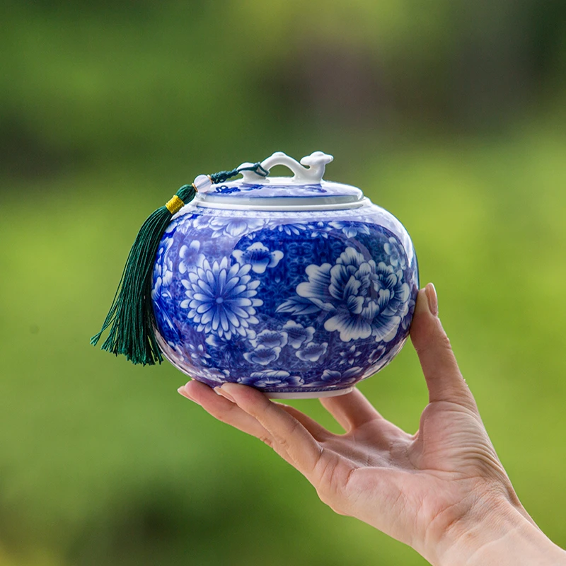 【静姐小院】茶叶罐如意青花流苏茶叶罐陶瓷储物罐(V1004)