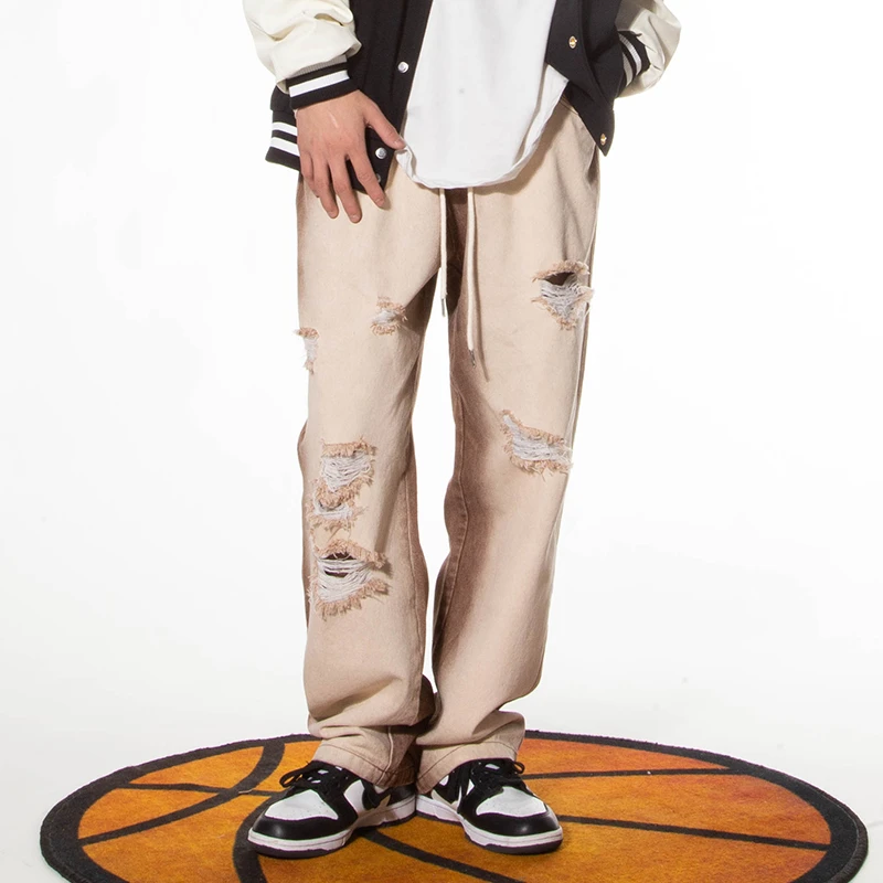 LOAD美式高街宽松破洞牛仔裤子男ins潮直筒拼接休闲长裤阔腿欧美