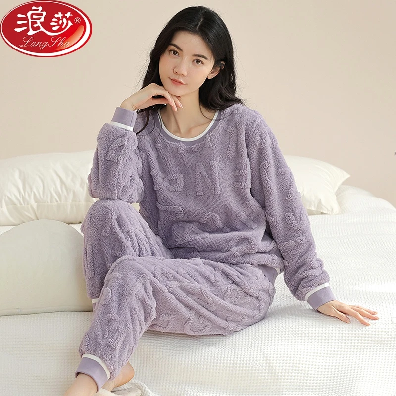 浪莎女士睡衣秋冬款法兰绒加厚珊瑚绒冬女小码可爱卡通家居服套装