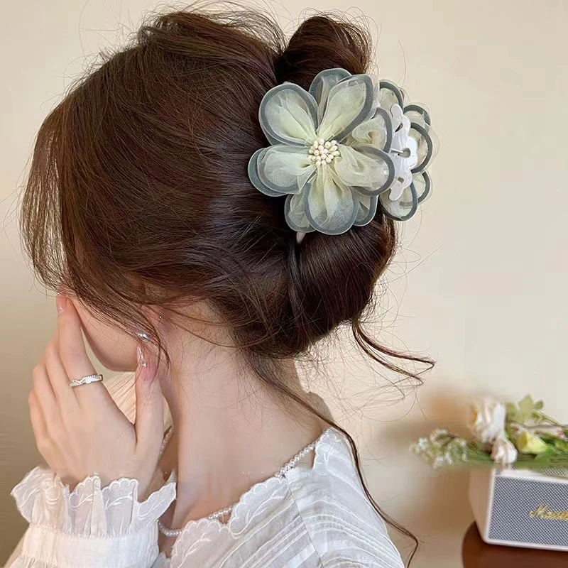 法式花朵抓夹韩国超仙夏季网纱山茶花大号鲨鱼夹子后脑勺发卡头饰