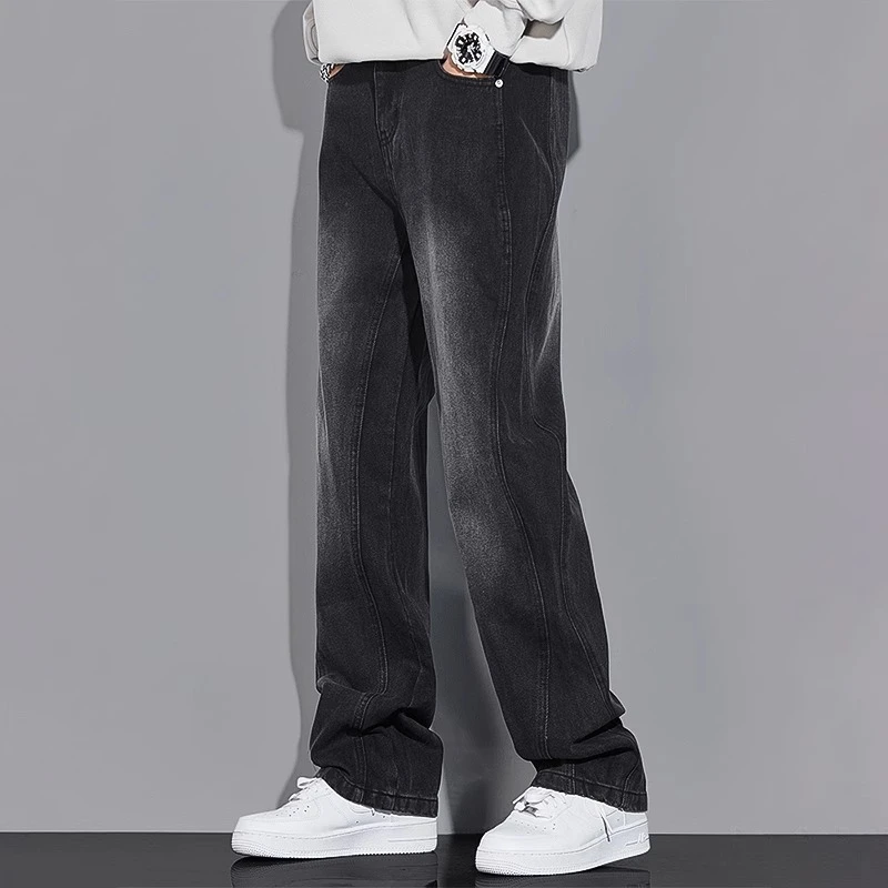 O.U.W直筒牛仔裤男冬季美式高街复古男士加绒垂坠感休闲阔腿裤子