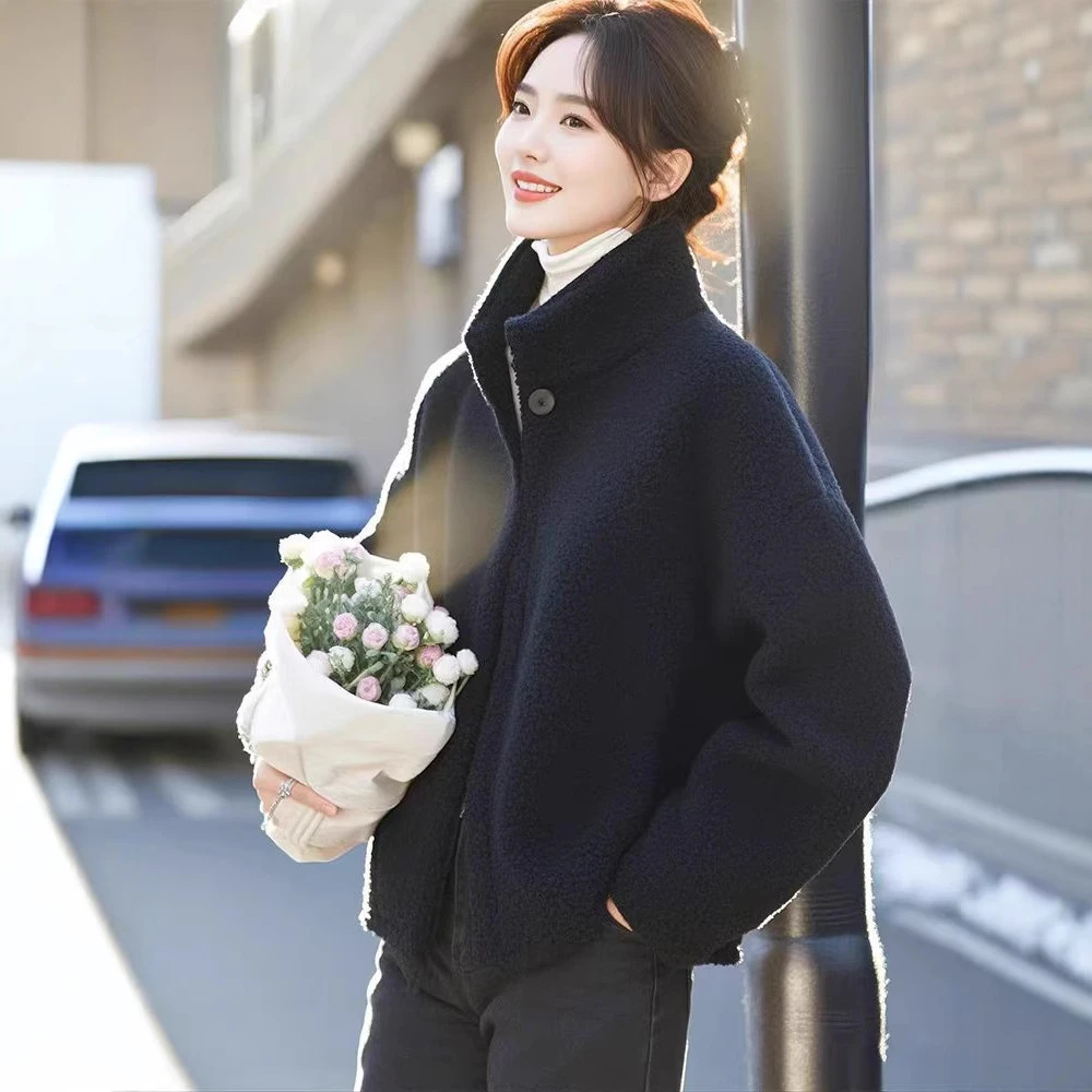 2025冬季欧货时尚洋气冷淡系高级感超好看立领摇粒绒短外套休闲