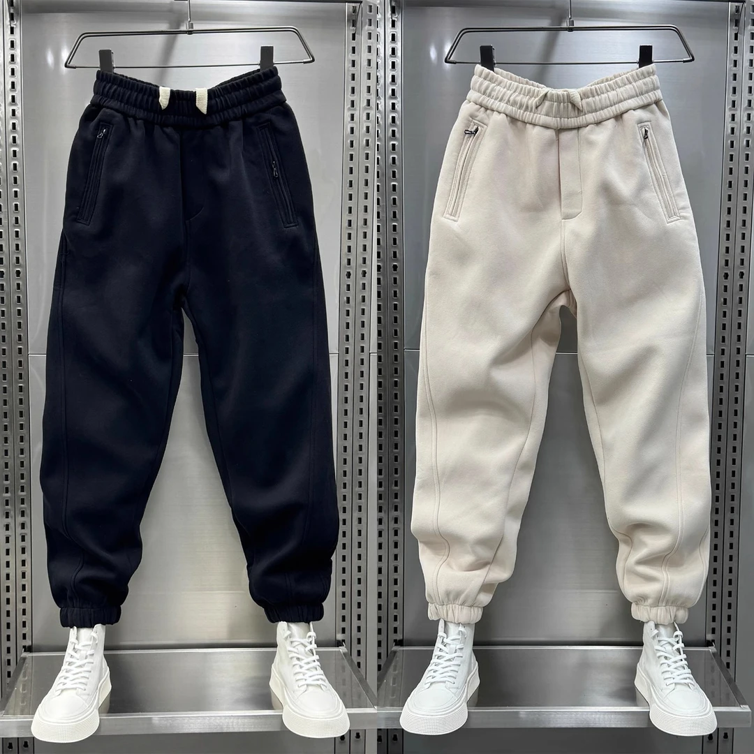 韩版潮牌纯色休闲裤男士秋冬加绒拼接束脚运动裤宽松弹力哈伦卫裤