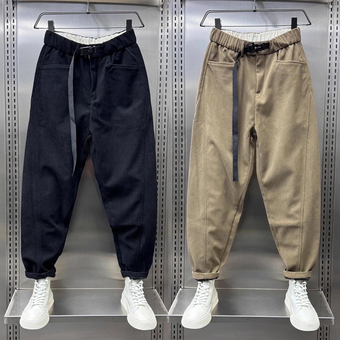 秋冬新款加绒拼接灯芯绒休闲裤男士宽松直筒工装裤青年条绒哈伦裤