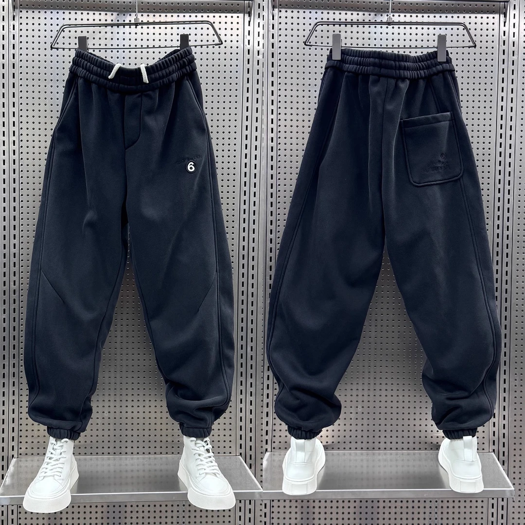 重磅简约加绒休闲裤男士2024秋冬季束脚哈伦裤数字刺绣黑色运动裤