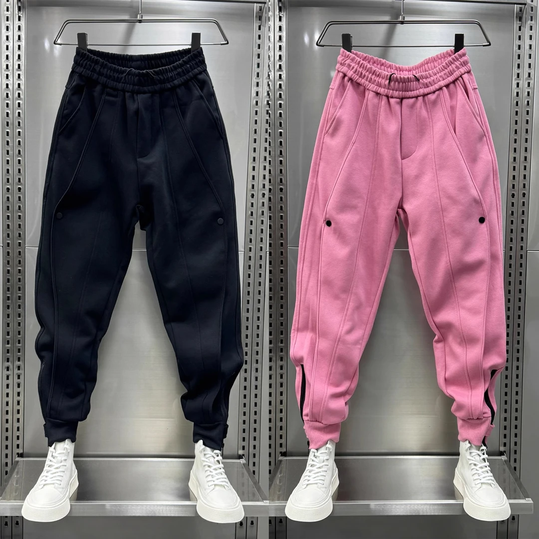 韩版设计感休闲裤男士秋季纯色宽松哈伦裤网红百搭拉链束脚运动裤