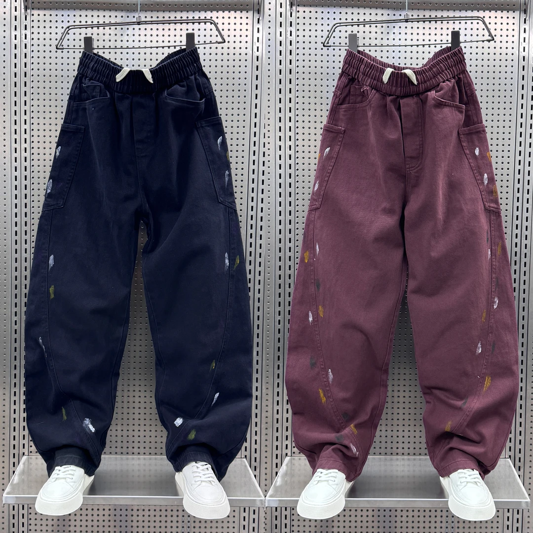 韩版泼墨水洗工装裤男士2024秋冬宽松百搭直筒裤青年痞帅弯刀裤潮
