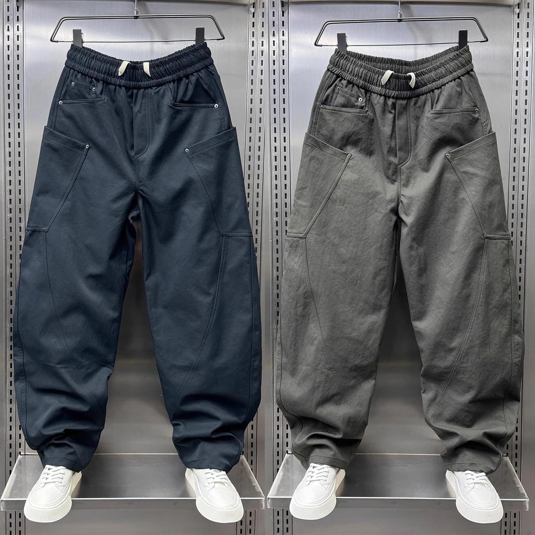 美式痞帅直筒休闲裤男士2024秋季新款百搭宽松弯刀裤拼接阔腿长裤