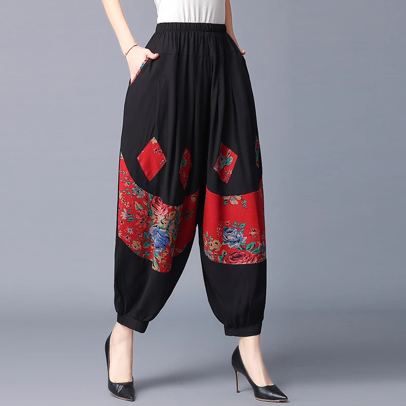 中老年民族风夏季中国风复古妈妈裤宽松高腰灯笼裤大码印花裤休闲
