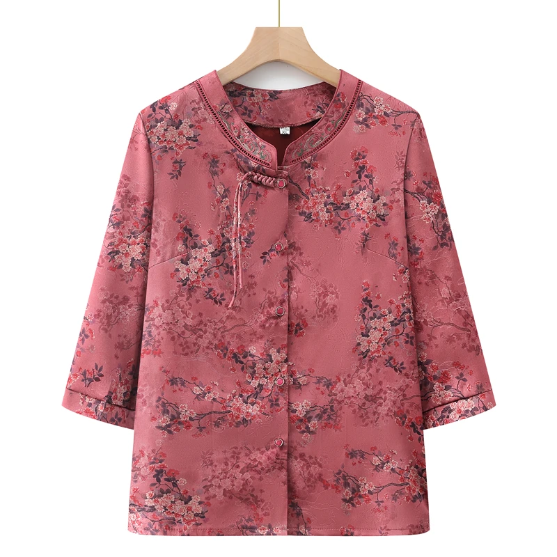 老年人长袖两件套妈妈装时尚立领衬衫奶奶装夏季宽松薄款国风套装