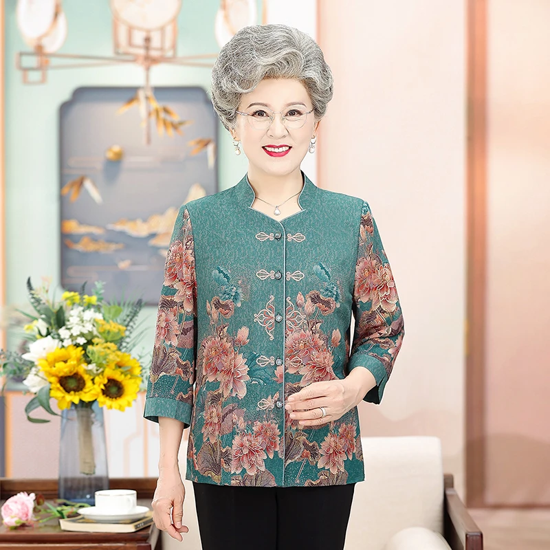 老年人女春夏衬衫奶奶长袖老人春装老太太衣服宽松上衣大花开衫