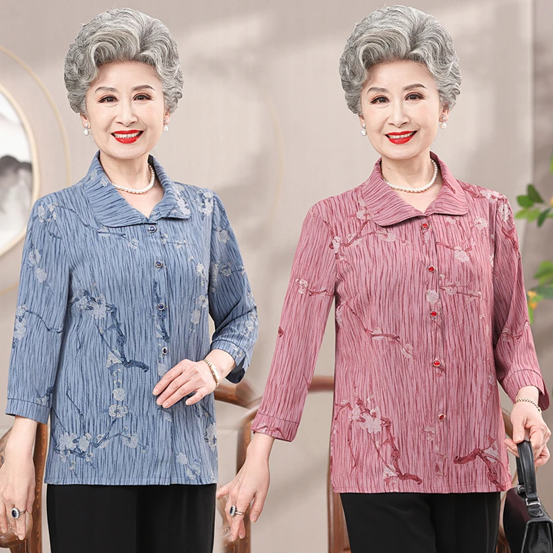 中老年人夏装奶奶装薄款衬衫翻领上衣开衫妈妈装九分袖老太太衣服