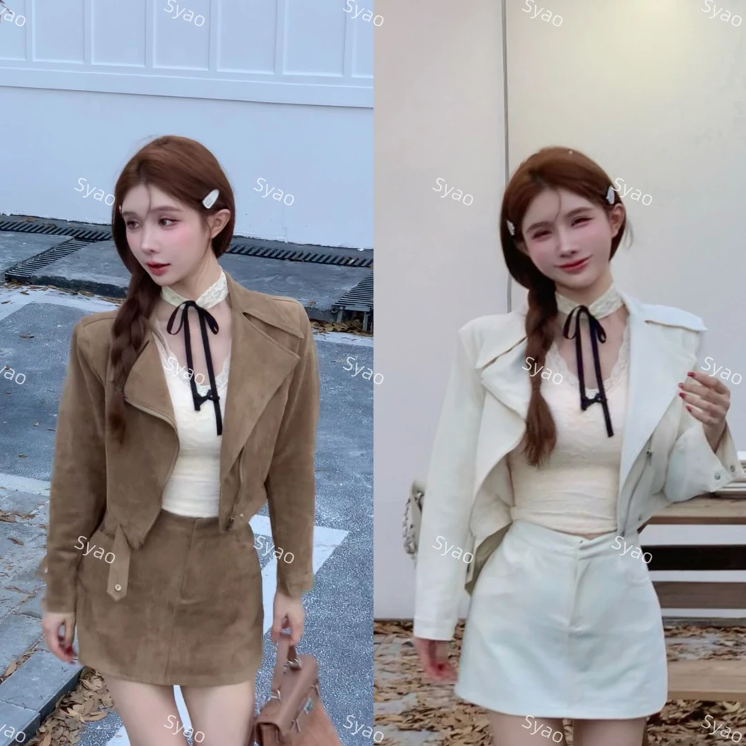思瑶【英伦女高】短款夹克外套高腰半身裙两件套搭蕾丝挂脖背心0818