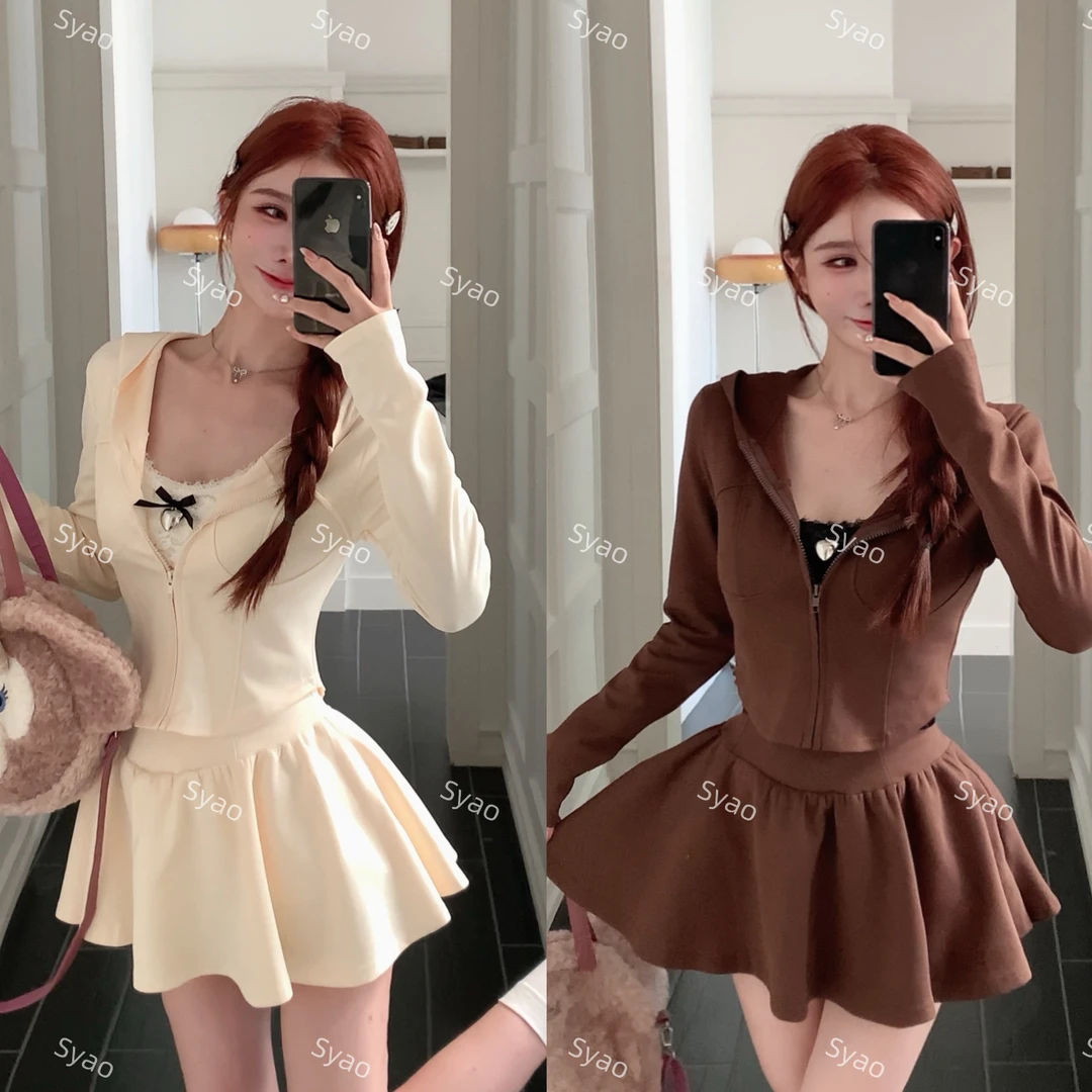 思瑶【曼妙懒人线】修身连帽长袖开衫搭百褶裙两件套#0746