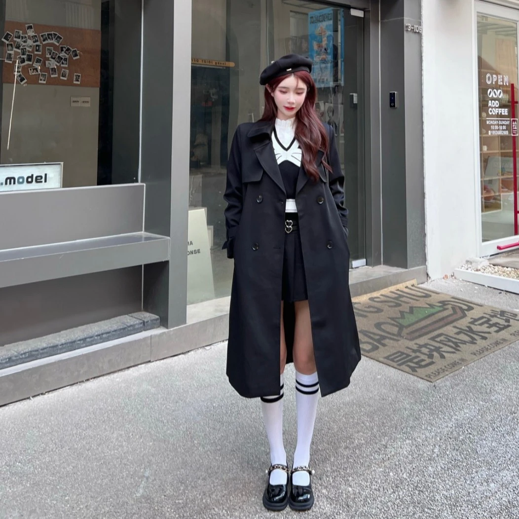 【 思瑶Studio】文艺复古显瘦双排扣中长款风衣外套 #0014