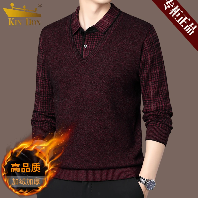 金盾品牌爸爸加绒加厚毛衣假两件衬衫领中老年本命年红色打底上衣