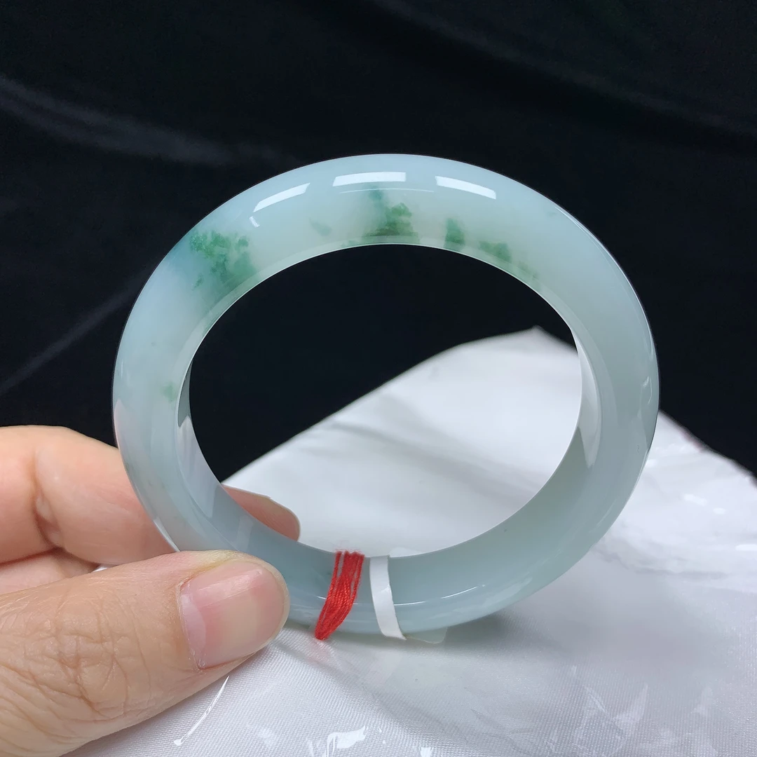 58圈冰润飘花厚装天然翡翠A货正圈手镯女款时尚百搭平安玉镯无裂