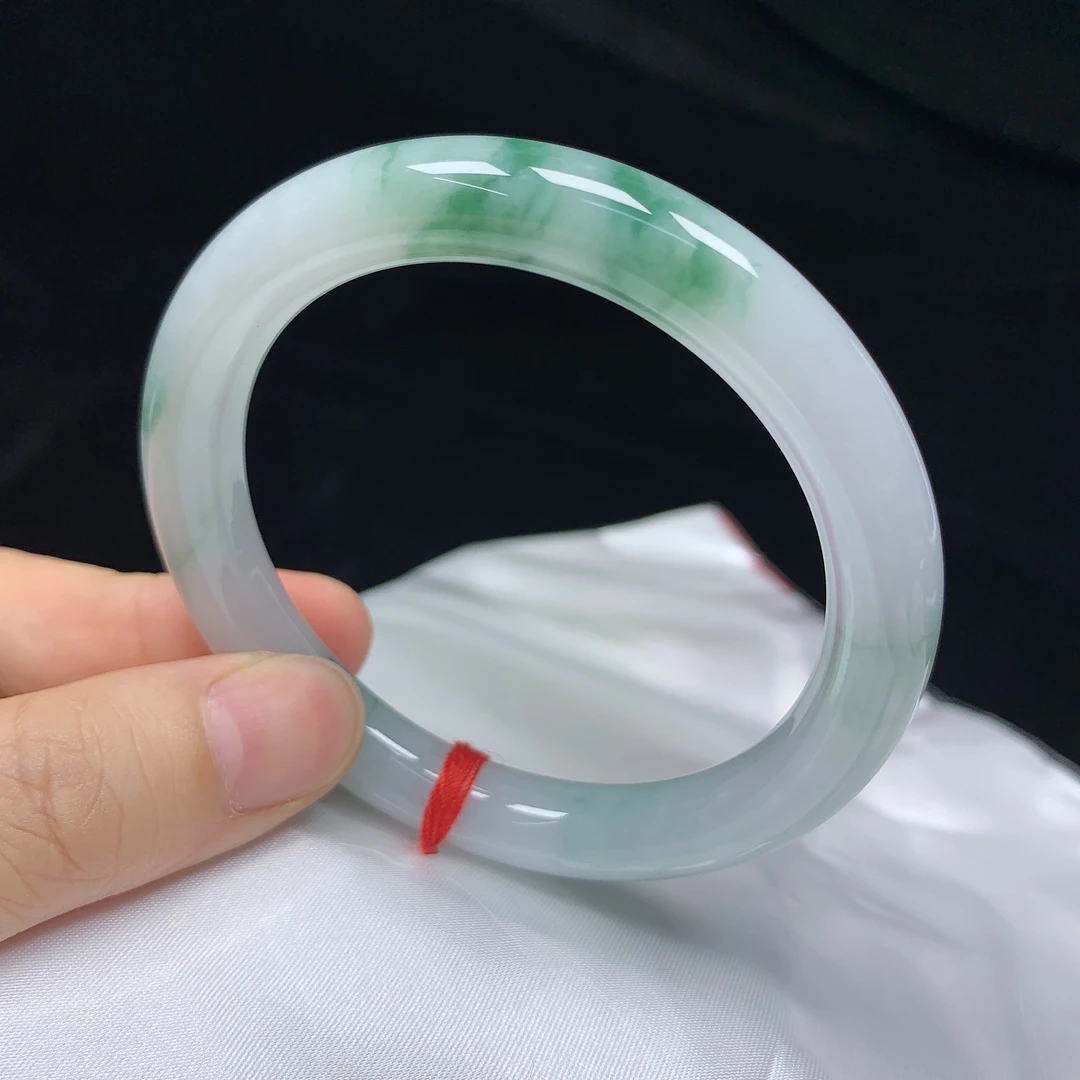 56圈飘花缅甸天然翡翠A货圆条手镯少女款时尚百搭圆镯玉镯无裂