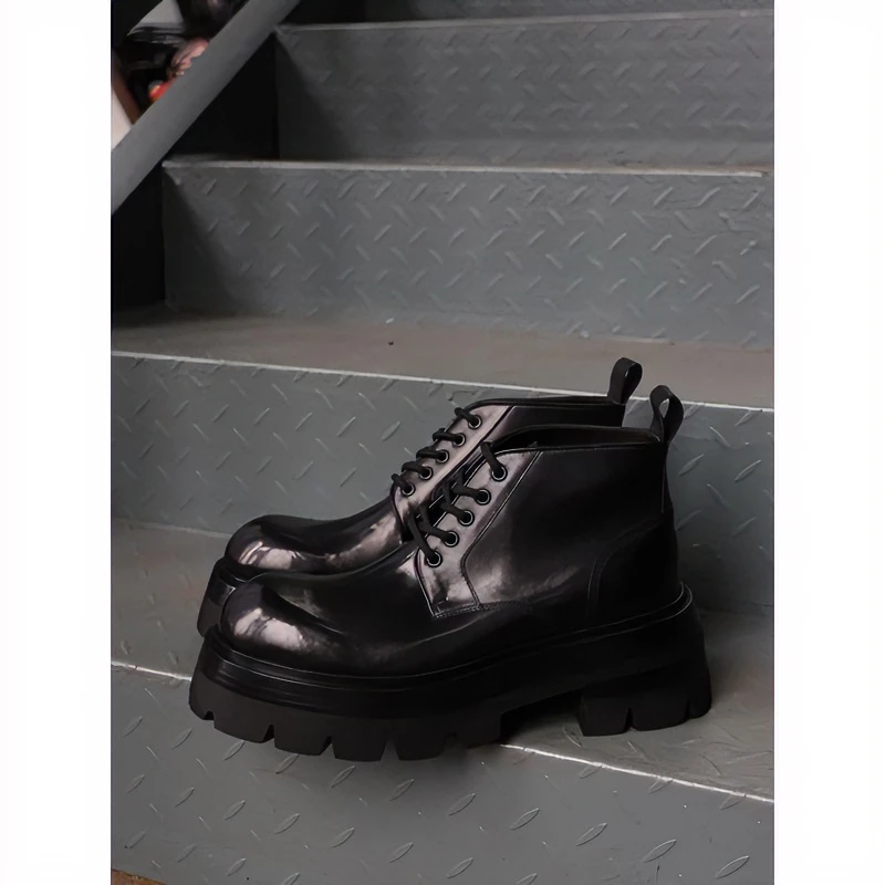厚底马丁靴男款大头增高7CM工装靴中帮短筒靴子男潮流黑色机车靴