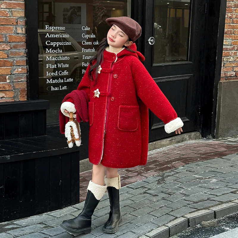 女童年服呢大衣2024新款秋冬洋气中大童女孩加绒加厚保暖毛呢外套