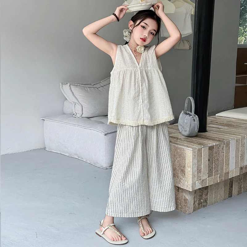 女童夏季薄款套装新款6-12岁潮款中大童女孩时尚童装洋气无袖夏装