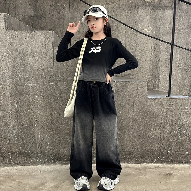 女童秋装套装2024新款8-12岁中大童春秋韩版渐变阔腿裤休闲两件套