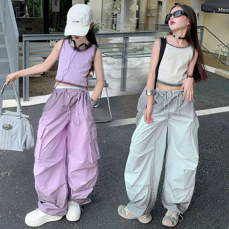 女童夏季工装裤2024新款中大童女孩洋气潮流直筒裤时尚街舞服夏装