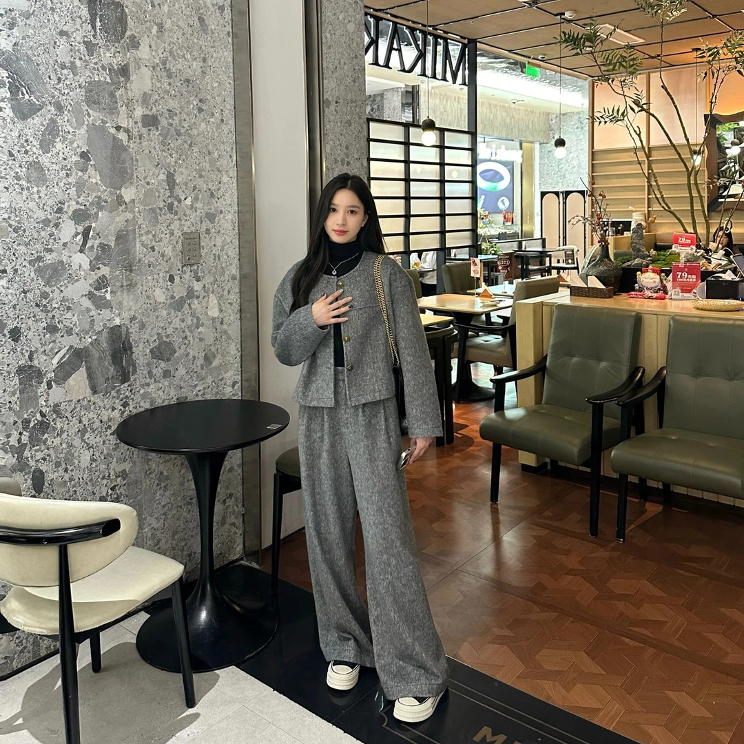 Liixu2024春季新款小香风毛呢外套阔腿裤时尚套装两件套L48TZ002