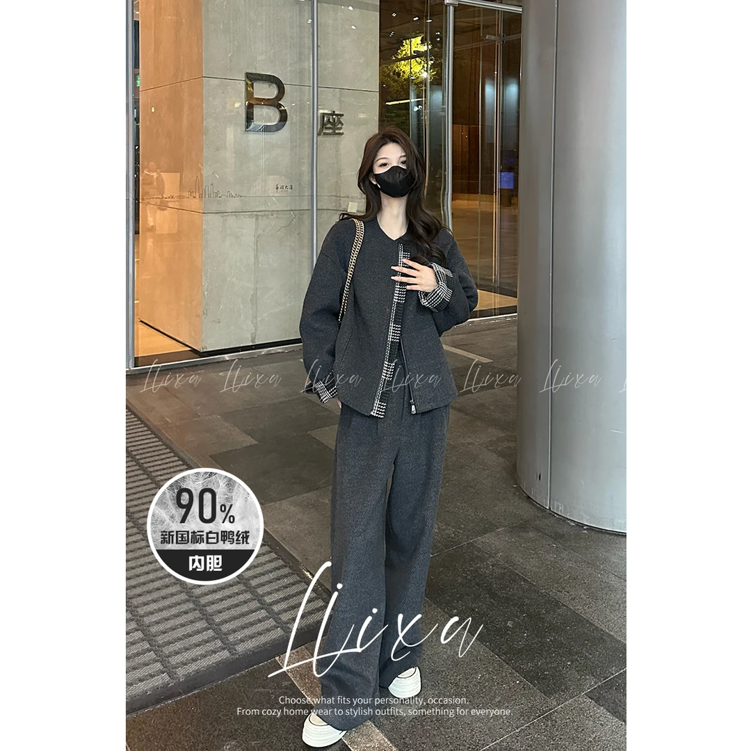 Liixu BK秋冬毛呢套装女羽绒内胆外套高腰阔腿裤两件套L48TZ037