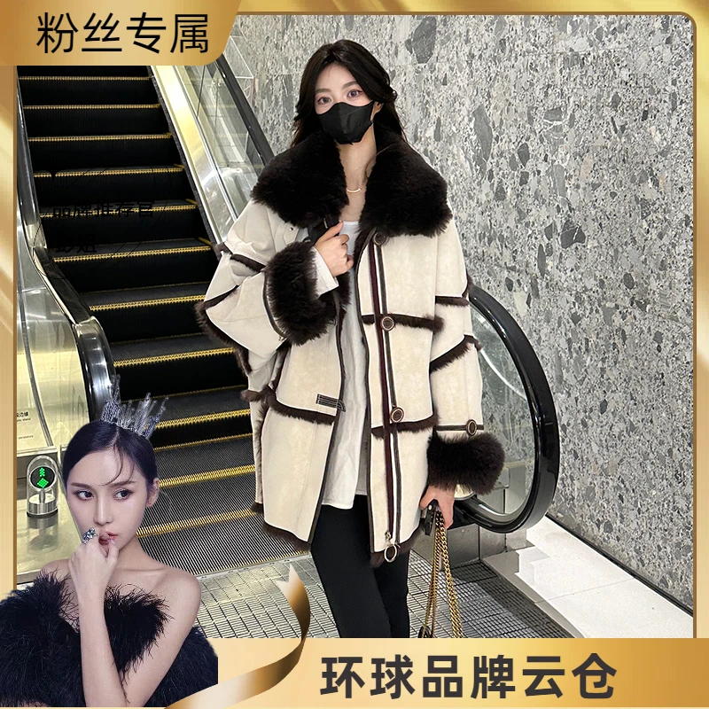 【W1418】24秋冬厚外套毛毛上衣拼接宽松气质网红轻奢时尚外套女
