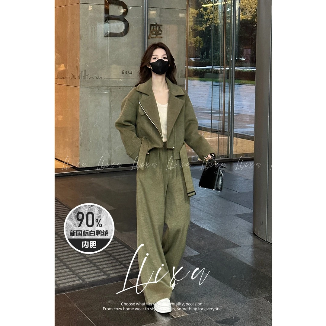 Liixu小个子毛呢羽绒内胆短外套女显瘦阔腿裤腰带三件套L48TZ051