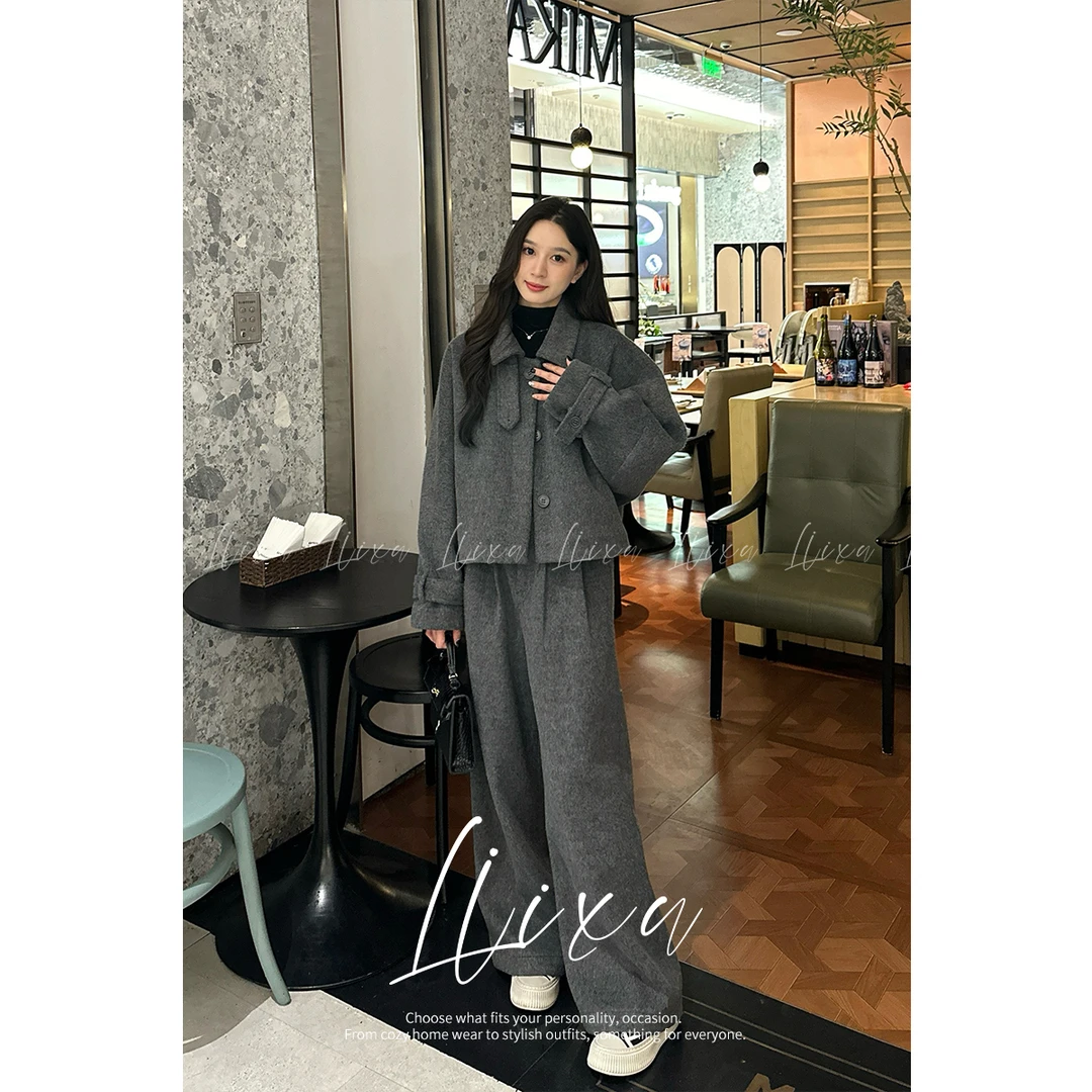 Liixu BK英伦复古毛呢外套女羽绒内胆蝙蝠袖阔腿裤两件套L48TZ034