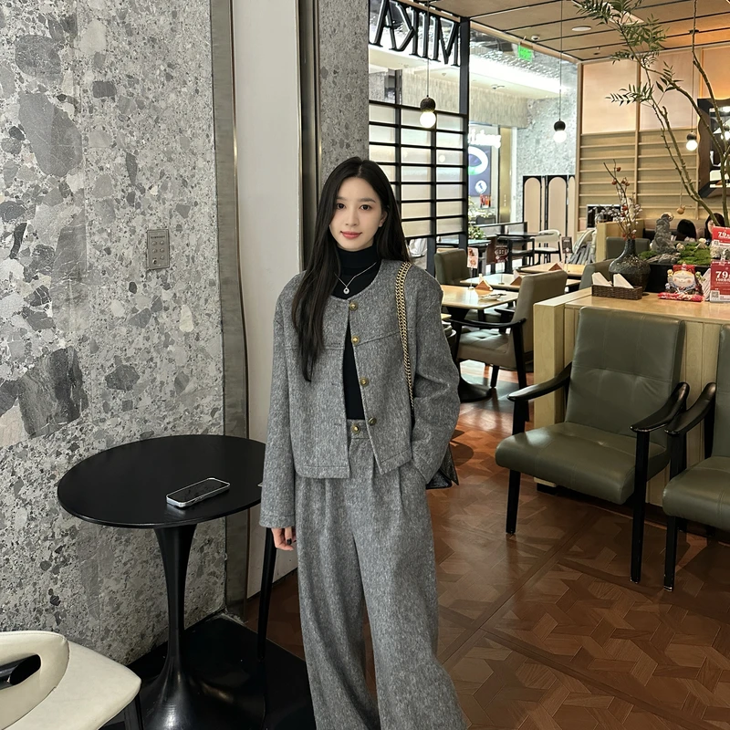 Liixu2024春季新款小香风毛呢外套阔腿裤时尚套装两件套L48TZ002