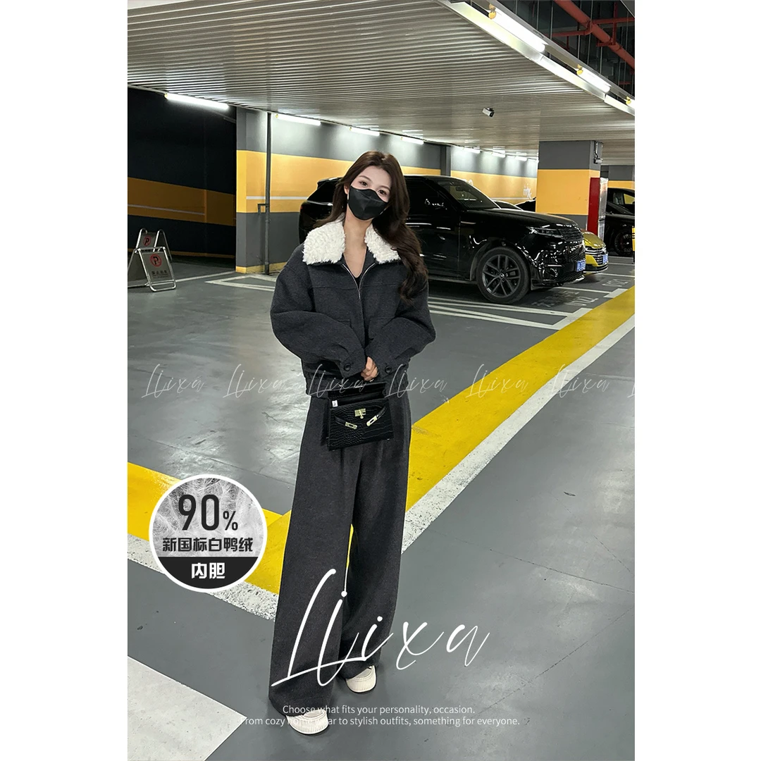 BK冬季新款时尚洋气翻领休闲外套百搭阔腿裤羽绒套装L48TZ048